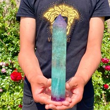 1.8LB Natural rainbow fluorite obelisk quartz crystal wand point Gem Healing picture