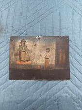 Vintage Folk Art Painted Metal Tin Plaque Figures Interior Scene 7x5 picture