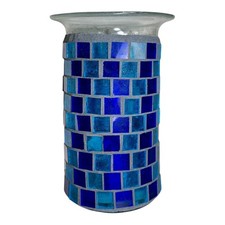 Vintage 90s Retro Brutalist Stained Glass Mosaic Candle Holder Cobalt Turquoise picture