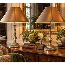 Pair of Vintage Ornate Metal Table Lamps Bronze Brass Patina Silk Shades 30