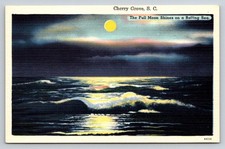 Cherry Grove SC Full Moon Rolling Sea Tichnor Linen Postcard 1930s-50s picture