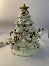 White Ivory Lighted Christmas Tree Gold Trim Santa Snowman Teddy Bear 8” picture