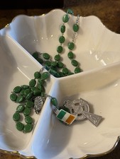 Irish Catholic Rosary Green Beads Celtic Cross Ireland Flag Charm Vintage picture