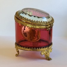 Antique French Cranberry Glass Ormolu Pocket Watch Holder Box 1800s picture