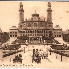 c1910s Paris France Pont d'Iena Trocadero Palace Postcard Horse Carriage Statues picture