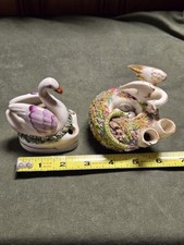 2 Old Antique English Staffordshire Bird Snake Nest Desk Inkwell Pen Holder Vase picture