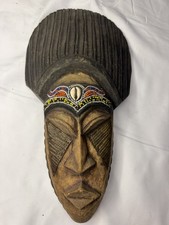 Vintage African Tribal Mask Ghana Beaded Cowrie Shell Wood Metal Wall Art Decor picture