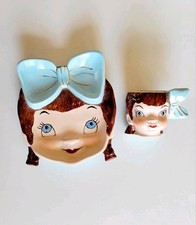 Vintage Kitsch Anthropomorphic Girl  Face Plate & Egg Cup Set Rosemary MCM picture