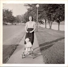Mother Pushing Baby in Stroller on Park Walkway, 1950s B&W Snapshot Photo picture
