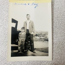 Man & Boy with Vintage Car 1930s Snapshot Photograph Duane & Ray Drug Store picture