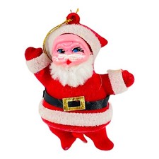Vintage Flocked Santa Claus Figure Dancing Waving w/ Plastic Celluloid Ornament picture