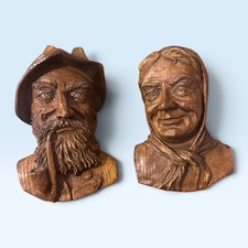 Old Man With Pipe Woman With Scarf Vintage Faux Carved Wood Wall Hangings picture