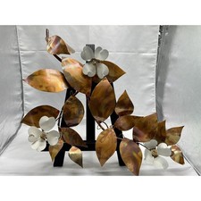 Vintage Artist Signed Copper leaf and magnolia flower wall hanging, wall art picture
