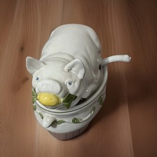 Mid-Century Bassano Italian Farmhouse Ceramic Pig Tureen with Lid & Orig Ladle picture