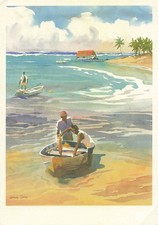 Joanne Sibley Montego Bay Jamaica Fishermen Watercolor Art Postcard S/36 picture