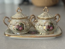 Vintage Royal China Japan Porcelain 2 Sugar Bowls with Serving Tray Gold Trim picture
