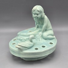 Weller Pottery Hobart Young Girl at Pond with Duck Matte Green Glaze picture