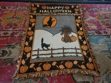 Vintage 90s Happy Halloween tapestry wall art woven pumpkins leaf blanket 22x30