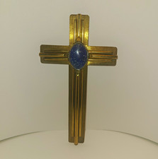 Vintage Morita Gil Chile Lapis Lazuli Brass Wall Cross Signed MCM 7.75 x 4.25 picture