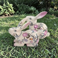 VTG Botanical Rabbit Figurines Floral Peach Porcelain Chinese 3d Relief Pair 10
