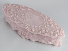 Vintage Fostoria Pink Milk Glass Jenny Lind  Embossed Cameo Jewelry Glove Box picture