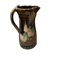 Handmade Pottery Jug Vase Pitcher 10” Signed Art Pottery Drip Glaze picture