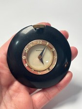 WORKS VTG 1930's WESTCLOX Art Deco Black Bakelite Pocket Watch Style Purse Clock picture
