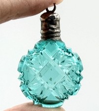 Antique Green Pressed Glass w/ Sterling Cap Miniature Scent Perfume Bottle picture