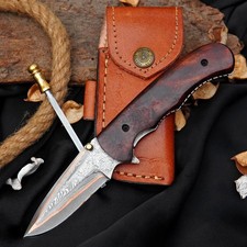 Hand Forged Copper Damascus Folding Knife Rosewood Handle Camping Knife & Sheath picture