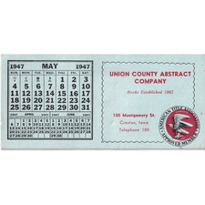 Vintage 1947 Union County Abstract Company Creston Iowa Calendar Card May 1947 picture