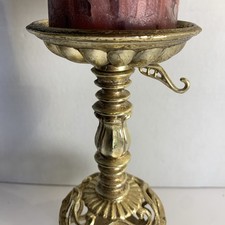 Vtg Hollywood Regency Gold Toned Metal Ornate Pillar Candleholder 9” Opulent picture