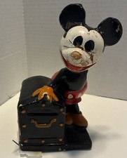 Vtg 1930s - 1950s Crown Toy Mickey Mouse Bank Treasure Chest Paper Mache Nodder  picture