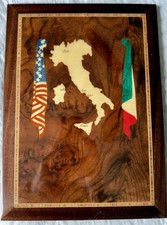 Vintage Italian Marquetry Wood Plaque Inlay Italy Map USA Flags NEX Naples Navy picture