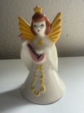 Vintage MCM Ceramic Musical Angel Figurine Lute Yellow Wings Christmas Kitsch picture