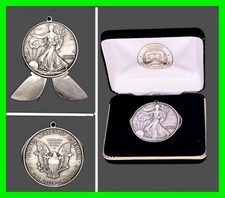 Vintage Sterling Silver Walking Liberty Watch Fob Cigar Cutter w/ Original Case picture