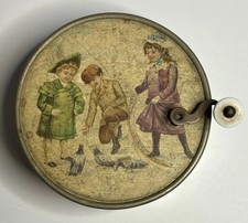 Antique German Tin Litho Manivelle Music Box Hand Crank Children Pigeons WORKS picture