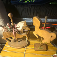 Vintage 1989 Handmade Hand Painted Wood Horse Figurines x2 w/ Stands Rocking picture