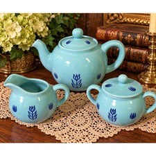 Vintage Cronin Blue Tulip Turquoise Teapot Sugar Bowl Creamer Set 3 Piece picture