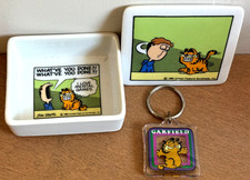 Vntg 1980 Enesco Garfield Lidded Trinket Box & BONUS Keychain Set Jim Davis picture