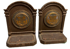 Antique BROWN UNIVERSITY Medallion Logo Emblem Shield Crest Brass Metal Bookends picture