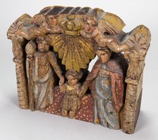 19th C. Antique Folk Art Holy Family Carved Wood Relief Santo picture