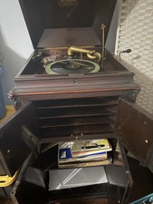 Antique Victor Victrola Talking Machine Cabinet, needles & few records WORKS picture