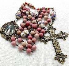 Rhodonite Rosary Immaculate Mary Victorian Cross Antique Catholic Heirloom Gift picture