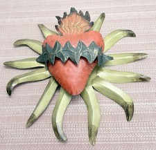 Mexican Folkart Flaming Heart 3D Handmade Painted Tin Milagros 12. 5” X 12” C picture
