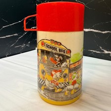 Vintage Aladdin Mickey Mouse Donald Duck School Bus Thermos 8oz Red Yellow picture
