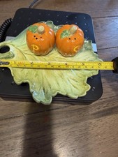 Vintage Ceramic Pumpkin Salt& Pepper Shares With Leaf Tray picture