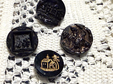 4 Antique PICTURE Black Glass Buttons 2 Hunting Dogs, CHURCH, Village, Forest picture