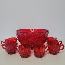 Vintage L.G. Wright Glass Ruby Red Paneled Grape Punch Bowl and 11 Cups picture