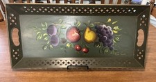 Vintage Nashco Hand Painted Toleware Floral Serving Tray Green 22.5” Signed picture