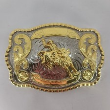 LARGE GOLD & SILVER WESTERN RODEO BELT BUCKLE picture